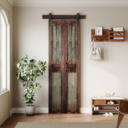 Rustic Dark Two-Tone Pine Wood No Assembly Required Bifold Sliding Barn Door with Hardware Kit