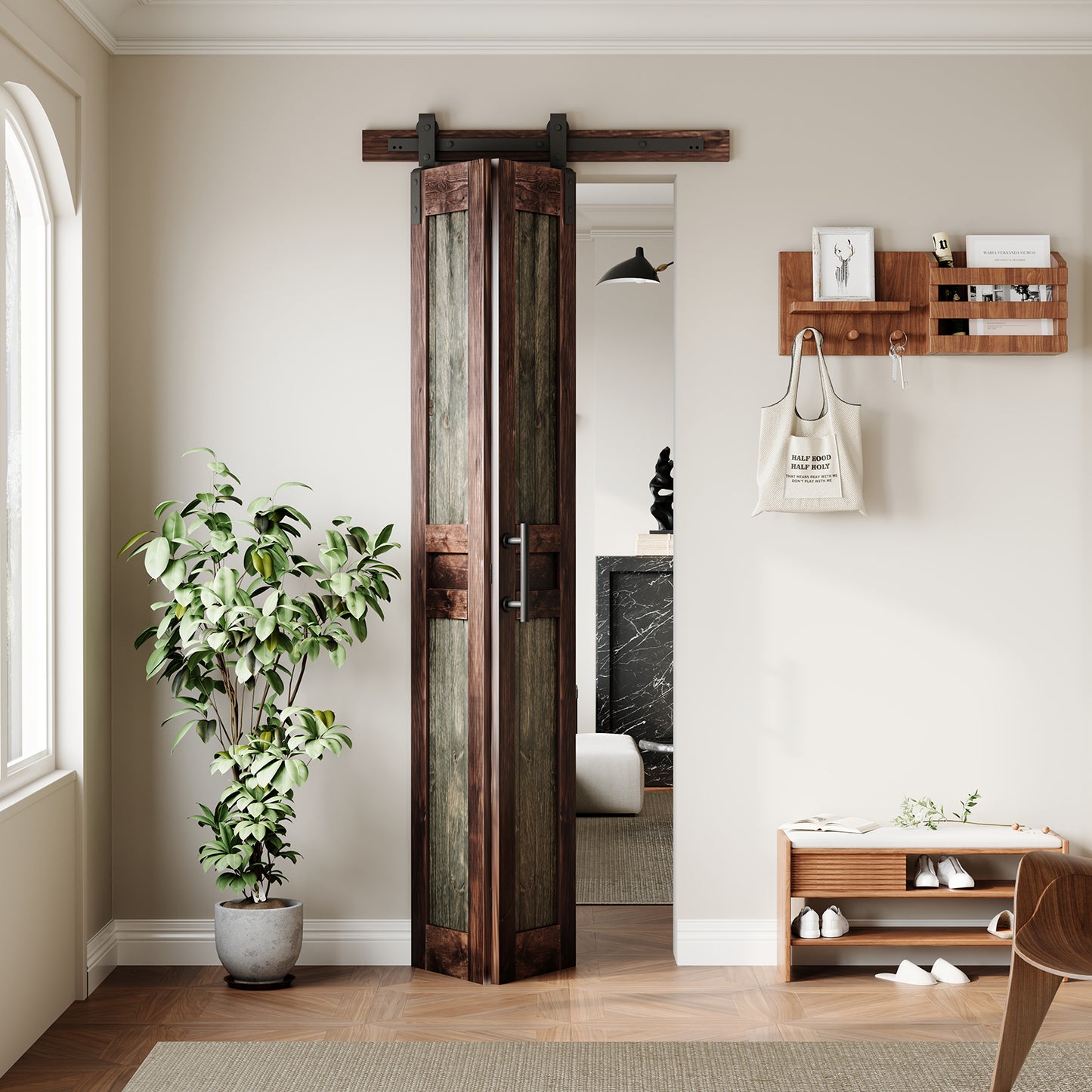 Rustic Dark Two-Tone Pine Wood No Assembly Required Bifold Sliding Barn Door with Hardware Kit