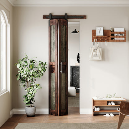 Rustic Dark Two-Tone Pine Wood No Assembly Required Bifold Sliding Barn Door with Hardware Kit