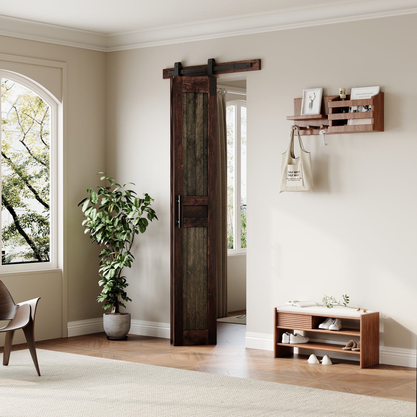 Rustic Dark Two-Tone Pine Wood No Assembly Required Bifold Sliding Barn Door with Hardware Kit