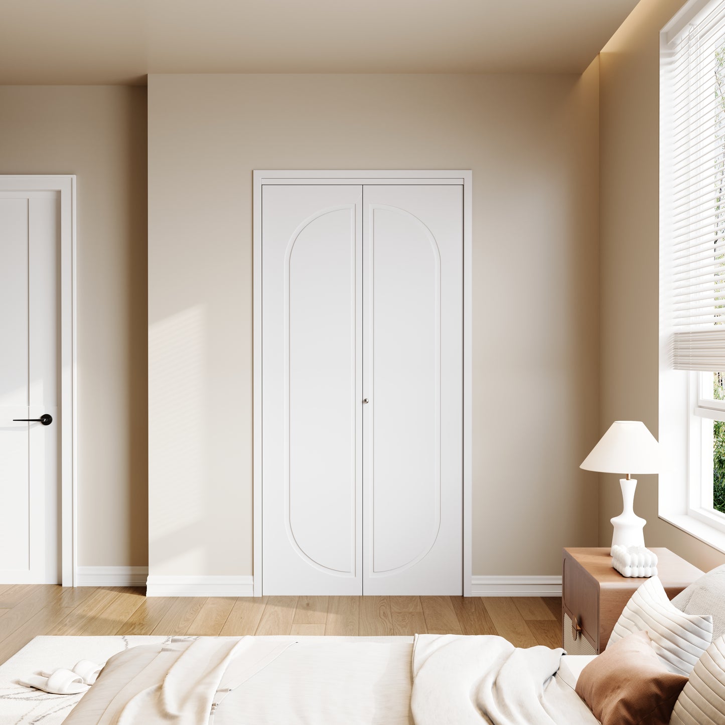 Modern Capsule White Primed 80" Solid Core Shaker Bi-Fold Door With Installation Hardware Kit