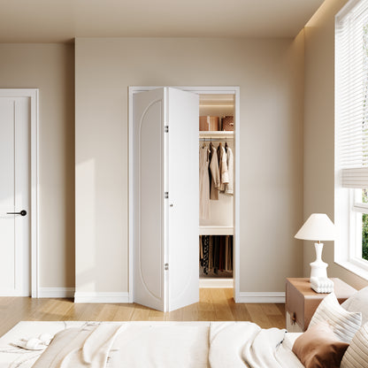 Modern Capsule White Primed 80" Solid Core Shaker Bi-Fold Door With Installation Hardware Kit