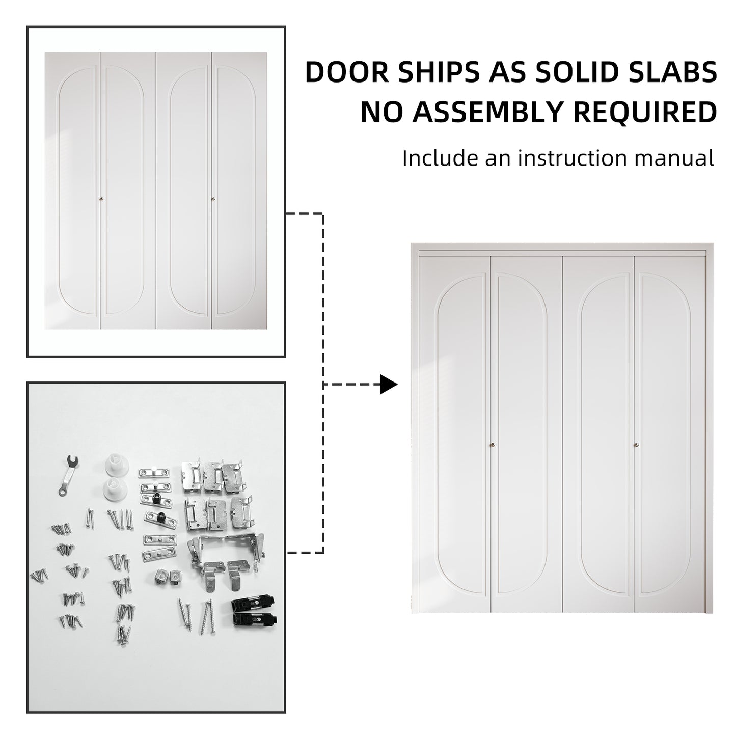 Modern Capsule White Primed 80" Solid Core Shaker Bi-Fold Door With Installation Hardware Kit