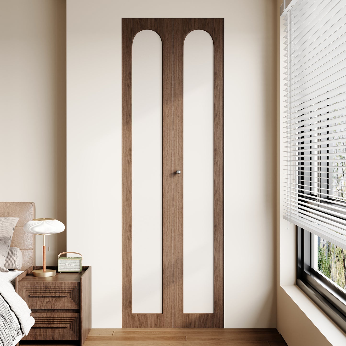 Dark Walnut Arched PVC Bi-Fold Closet Door with Leather Accent Panel, Installation Hardware Included