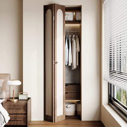 Dark Walnut Arched PVC Bi-Fold Closet Door with Leather Accent Panel, Installation Hardware Included