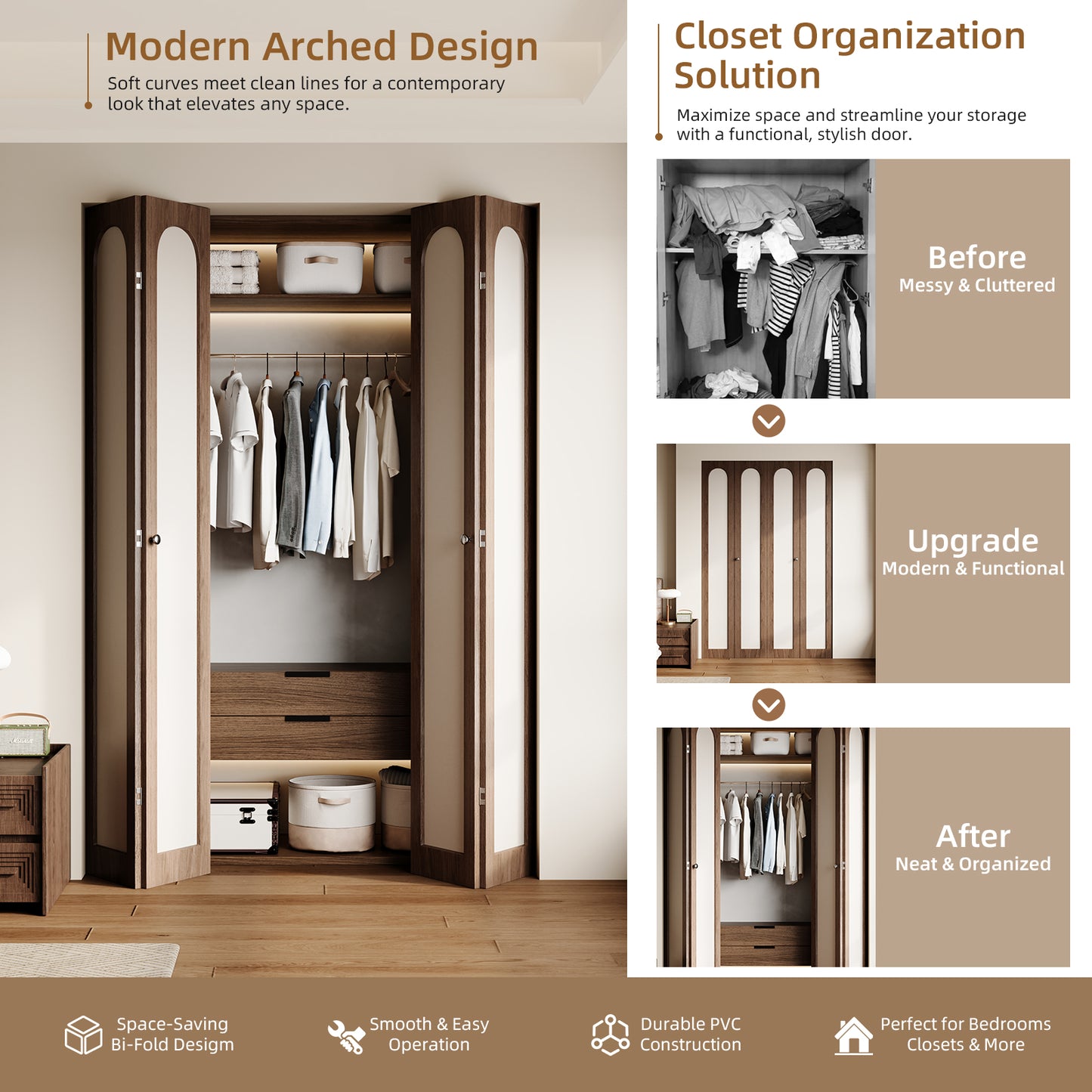 Dark Walnut Arched PVC Bi-Fold Closet Door with Leather Accent Panel, Installation Hardware Included