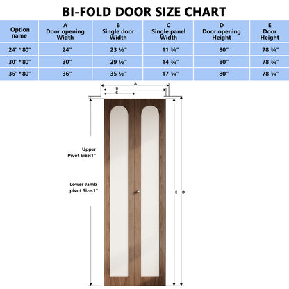 Dark Walnut Arched PVC Bi-Fold Closet Door with Leather Accent Panel, Installation Hardware Included