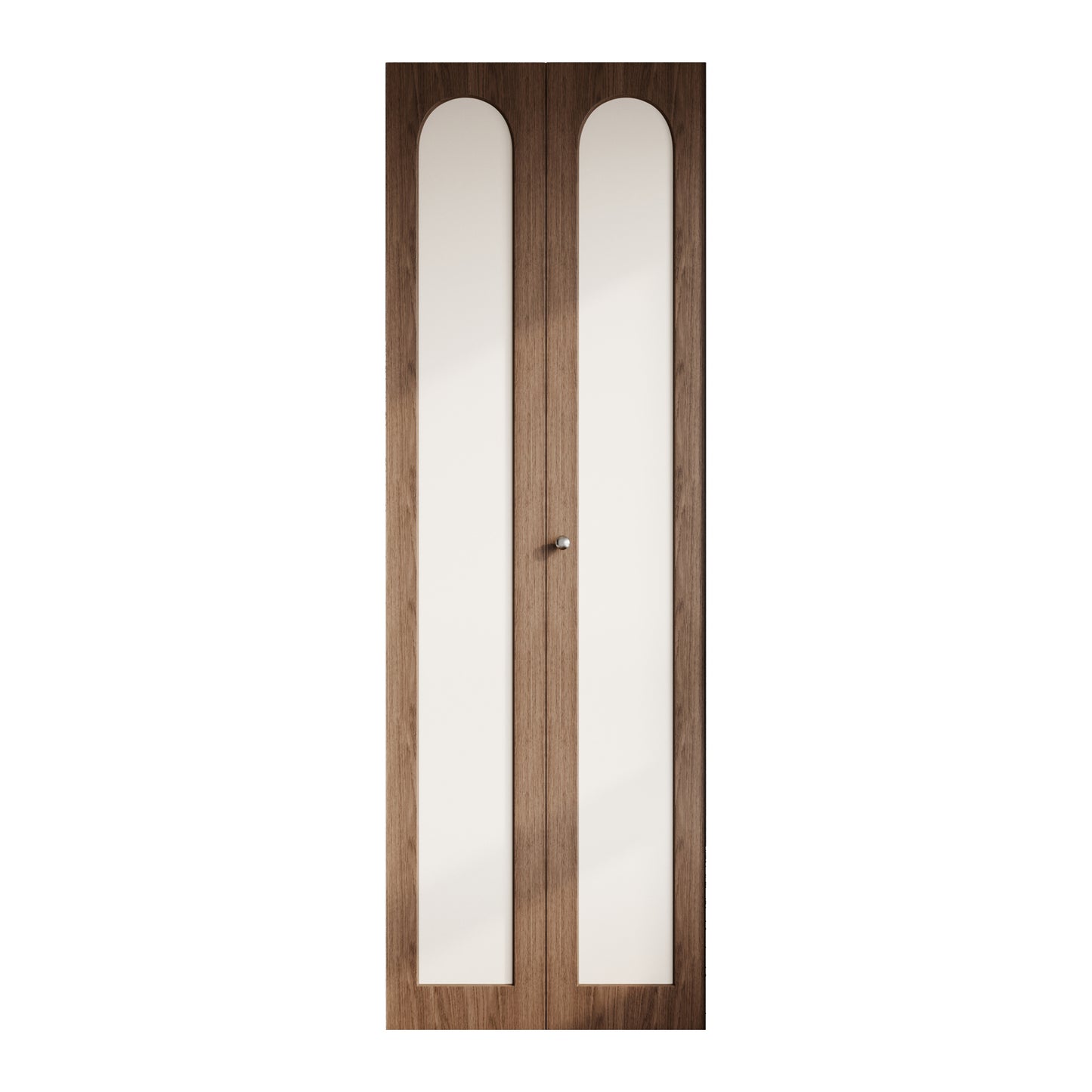 Dark Walnut Arched PVC Bi-Fold Closet Door with Leather Accent Panel, Installation Hardware Included