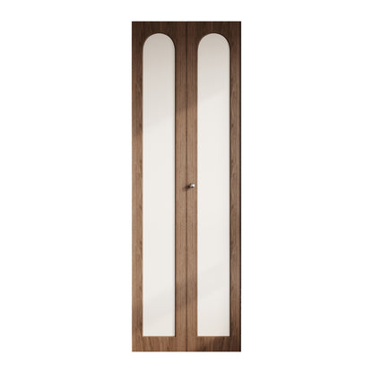 Dark Walnut Arched PVC Bi-Fold Closet Door with Leather Accent Panel, Installation Hardware Included