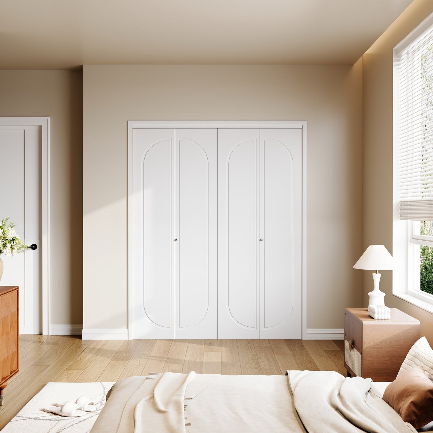 Modern Capsule White Primed 80" Solid Core Shaker Bi-Fold Door With Installation Hardware Kit