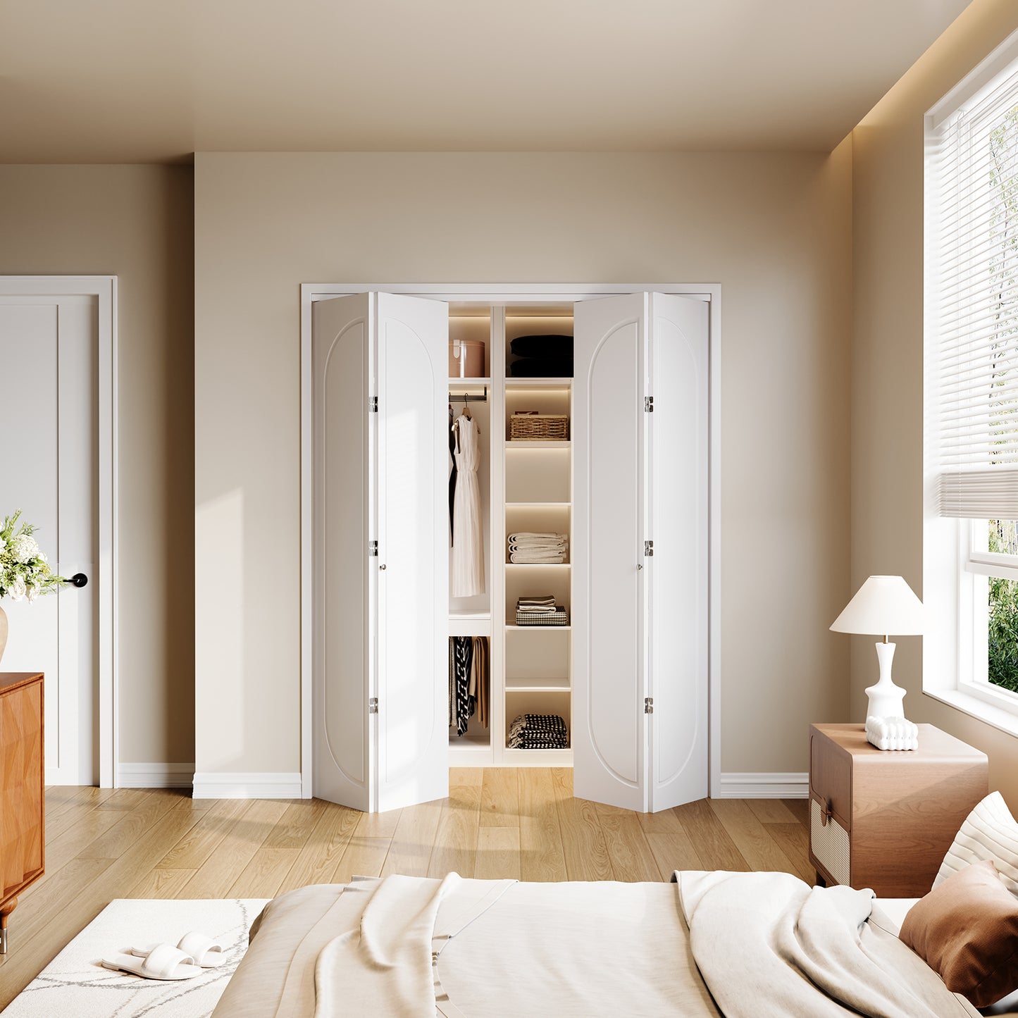 Modern Capsule White Primed 80" Solid Core Shaker Bi-Fold Door With Installation Hardware Kit