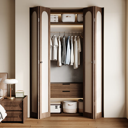 Dark Walnut Arched PVC Bi-Fold Closet Door with Leather Accent Panel, Installation Hardware Included