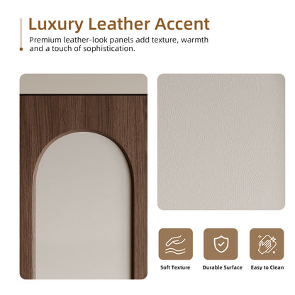 Dark Walnut Arched PVC Bi-Fold Closet Door with Leather Accent Panel, Installation Hardware Included