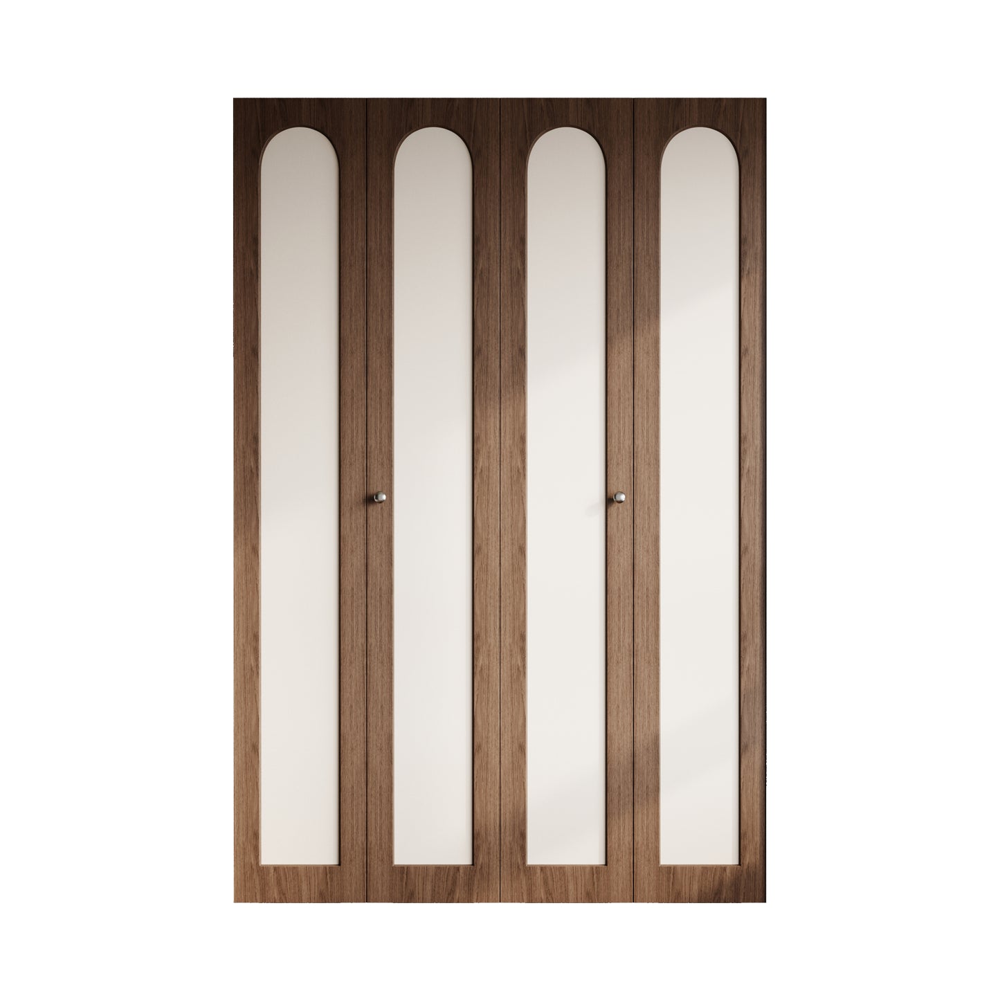 Dark Walnut Arched PVC Bi-Fold Closet Door with Leather Accent Panel, Installation Hardware Included