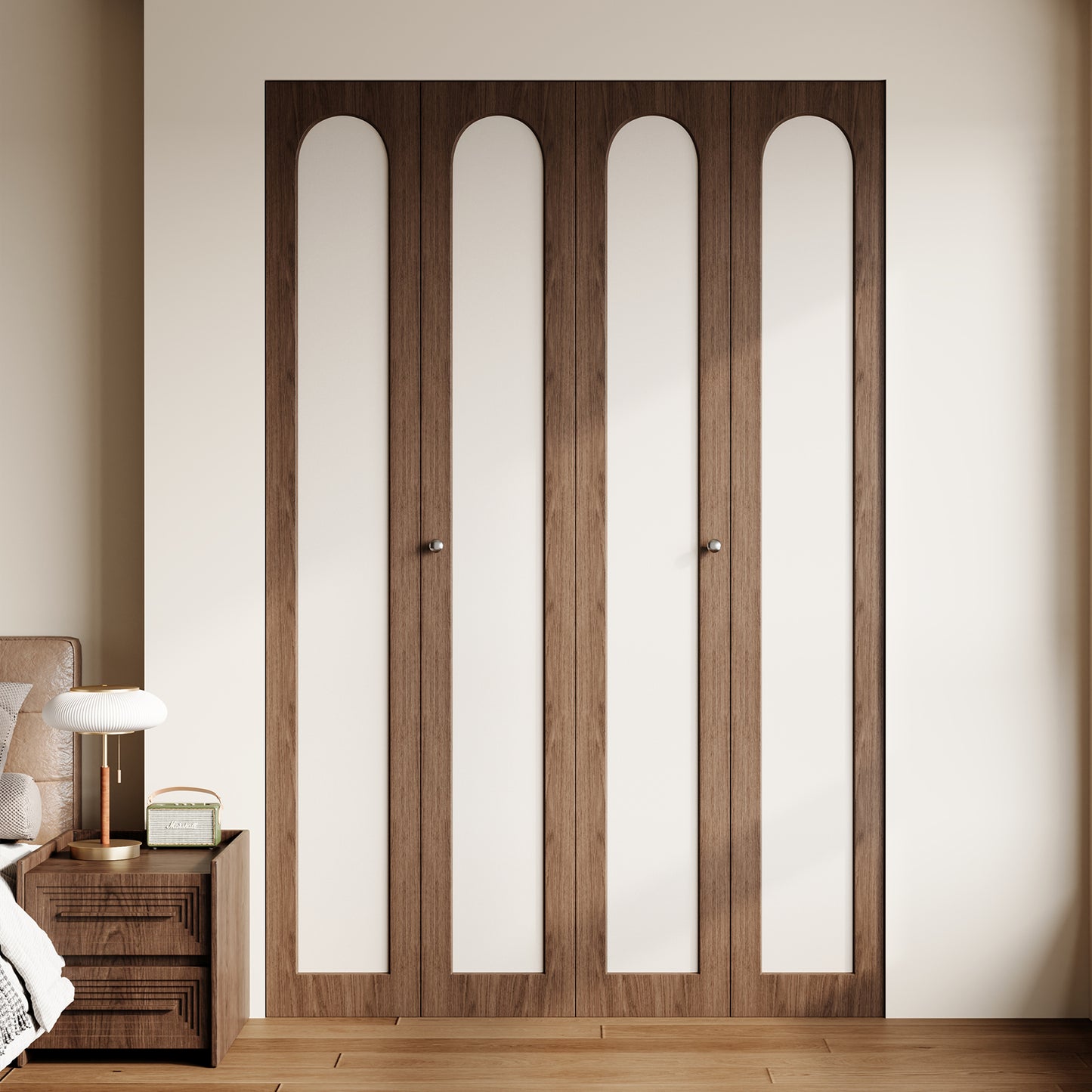 Dark Walnut Arched PVC Bi-Fold Closet Door with Leather Accent Panel, Installation Hardware Included