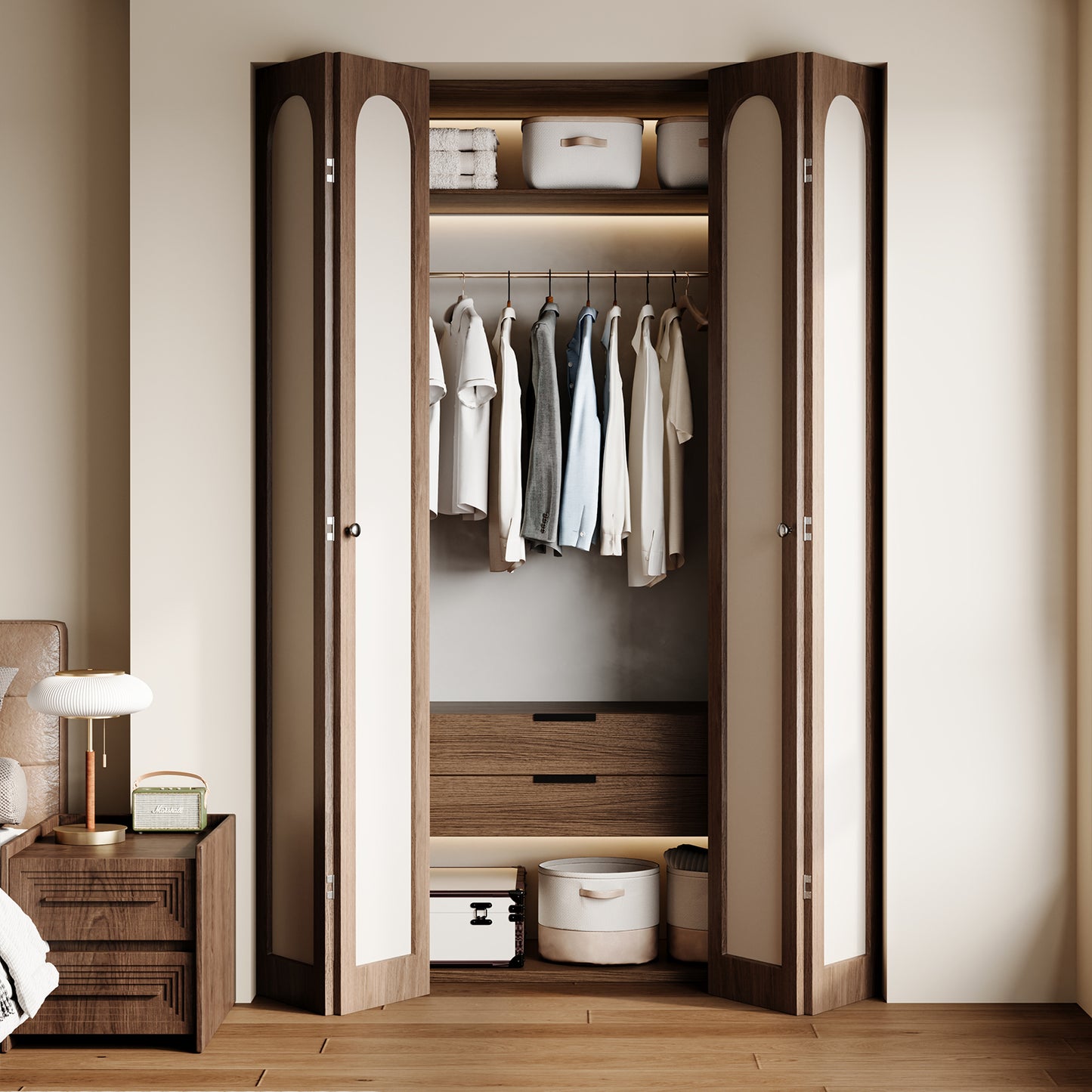 Dark Walnut Arched PVC Bi-Fold Closet Door with Leather Accent Panel, Installation Hardware Included