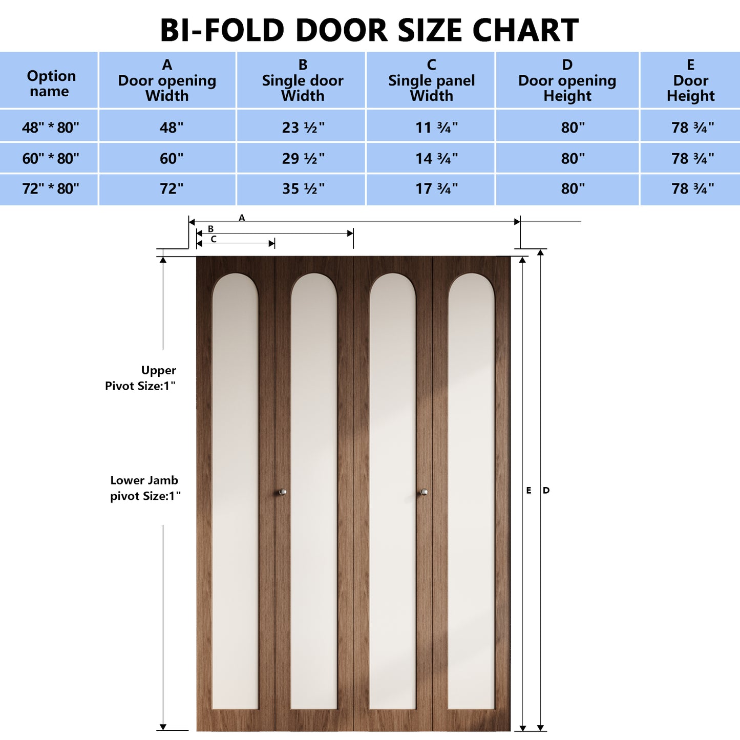 Dark Walnut Arched PVC Bi-Fold Closet Door with Leather Accent Panel, Installation Hardware Included