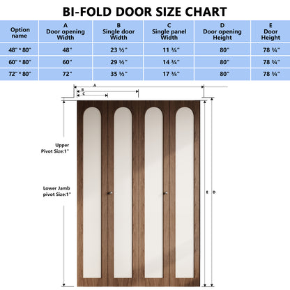 Dark Walnut Arched PVC Bi-Fold Closet Door with Leather Accent Panel, Installation Hardware Included