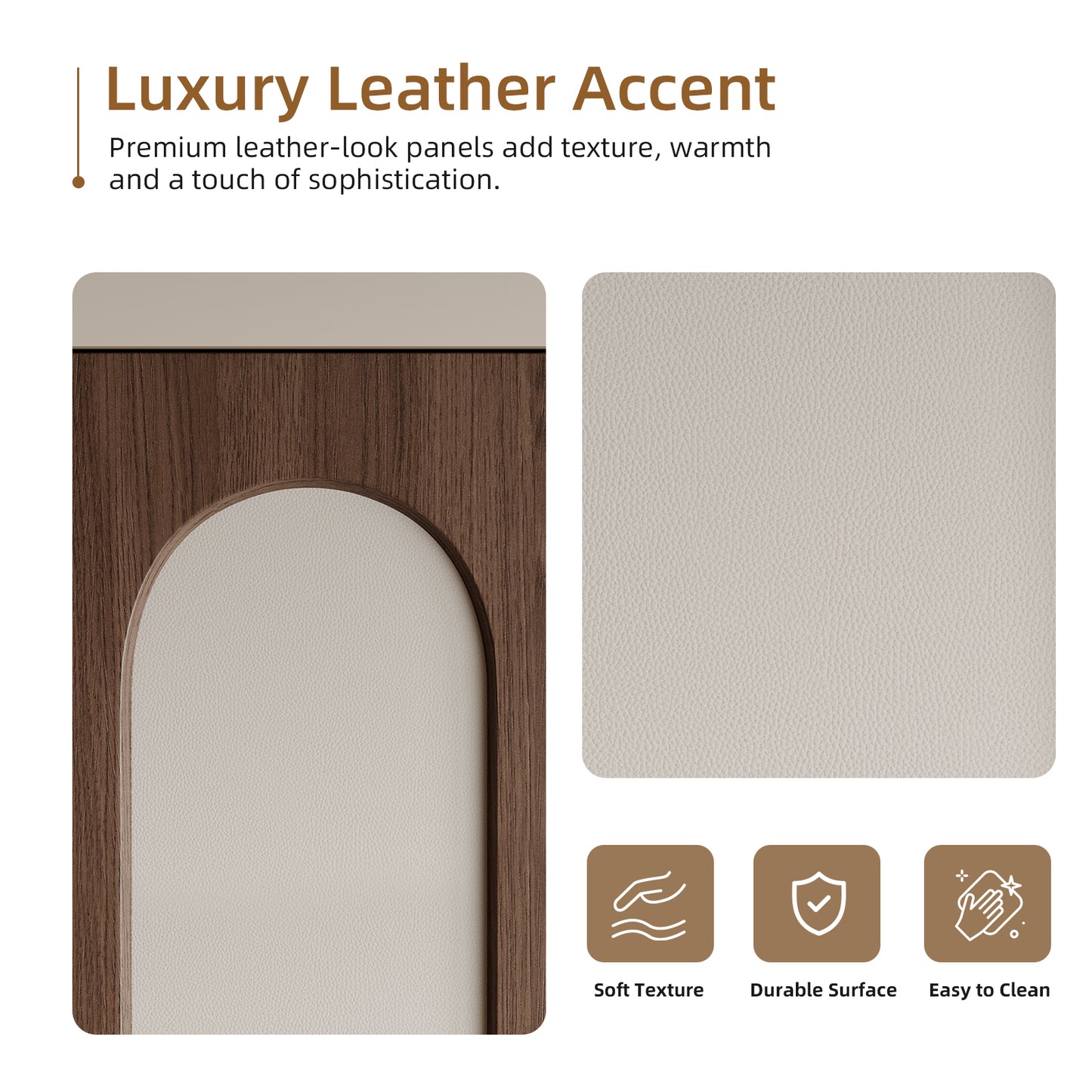 Dark Walnut Arched PVC Bi-Fold Closet Door with Leather Accent Panel, Installation Hardware Included