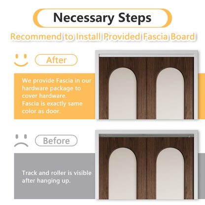 Dark Walnut Arched PVC Bi-Fold Closet Door with Leather Accent Panel, Installation Hardware Included