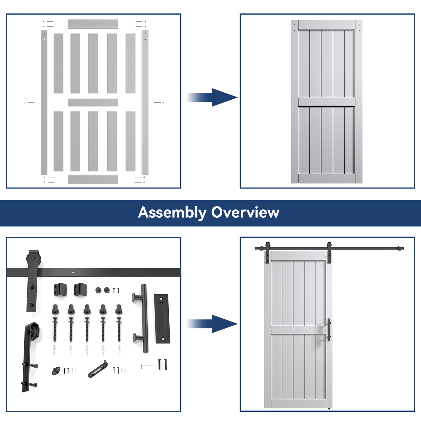 30in./32in./36in./42in./48in./60in./64in./72in./84in./96in.x 84in.MDF Barn Door With Sliding Hardware Kit ,Covered with Water-Proof PVC Surface, White/Gray, H-Frame