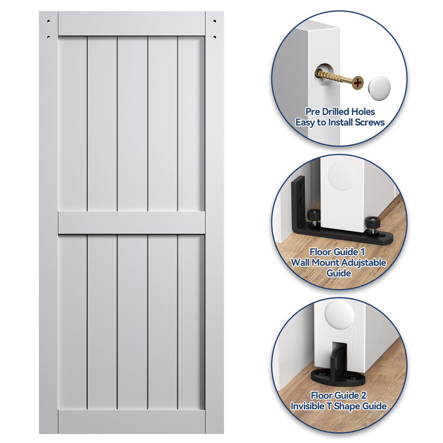 30in./32in./36in./42in./48in./60in./64in./72in./84in./96in.x 84in.MDF Barn Door With Sliding Hardware Kit ,Covered with Water-Proof PVC Surface, White/Gray, H-Frame