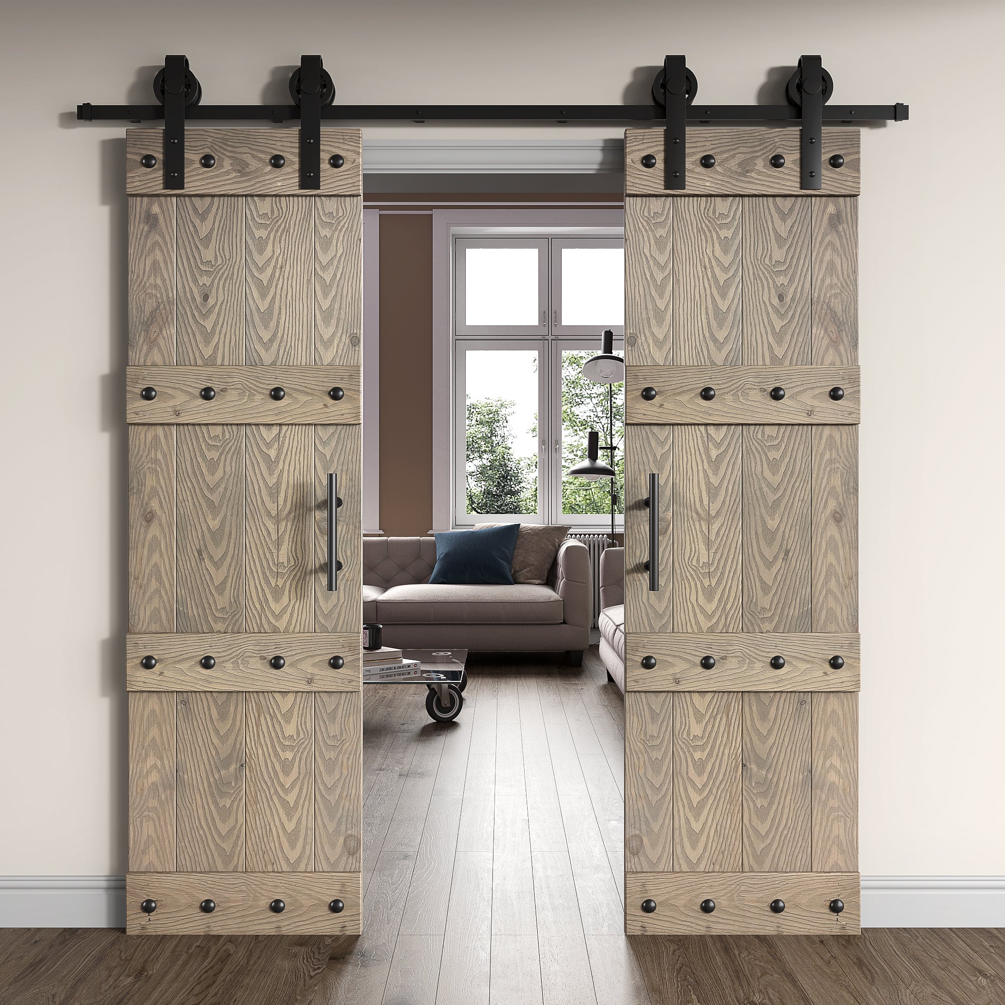 48in./60in./72in./84in. x 84in. Castle Series DIY Embossing Knotty Wood Double Sliding Barn Door With Hardware Kit