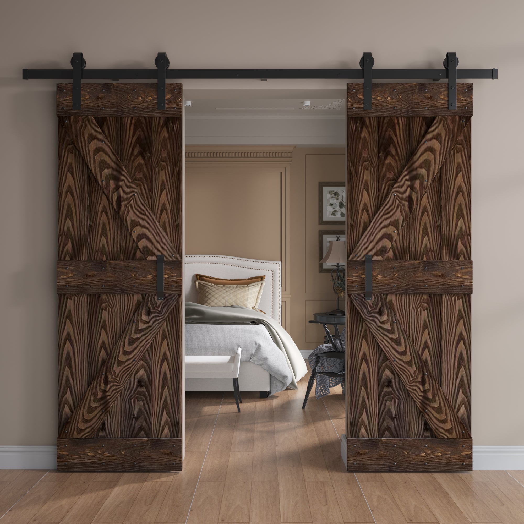 48in/60in/72in/84in x 84in K Series Embossing DIY Knotty Wood Double Sliding Barn Door With Hardware Kit