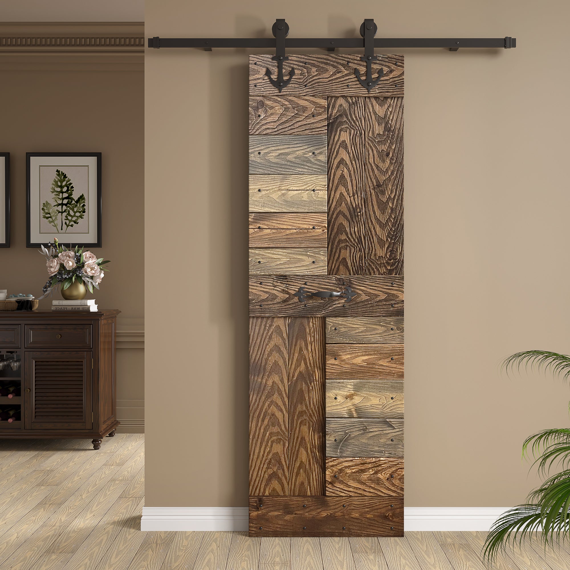 24in/30in/36in/42in x 84in S Series Embossing DIY Knotty Pine Wood Barn Door With Hardware Kit