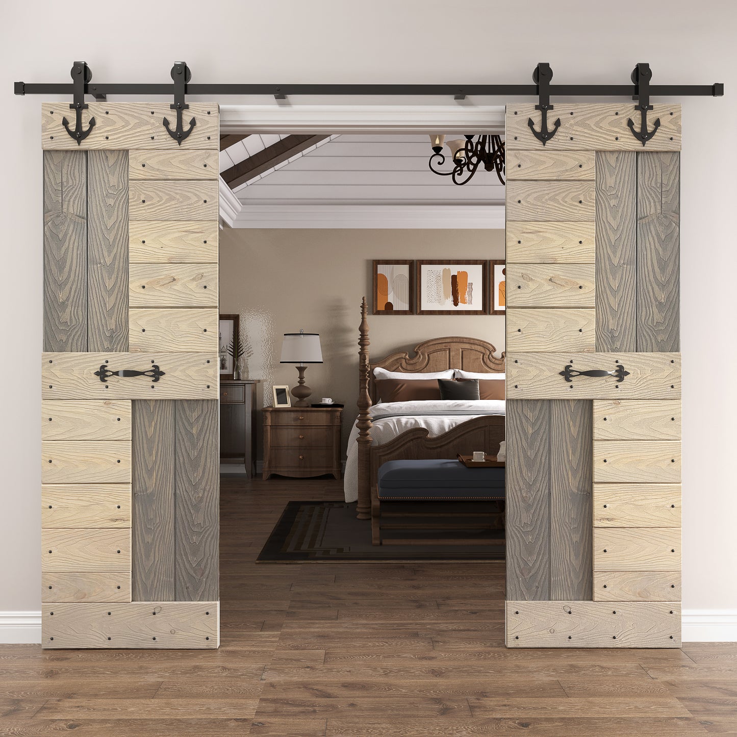 48in/60in/72in x 84in S Series Embossing DIY Knotty Pine Wood Double Sliding Barn Door With Hardware Kit