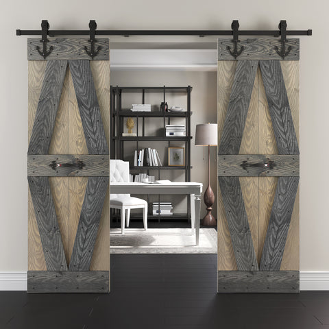 24in/30in/36in/42in x 84in X Series Embossing Knotty Wood Sliding Double Barn Door With Hardware Kit