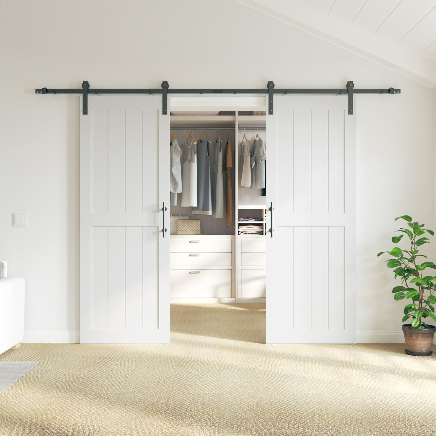 30in./32in./36in./42in./48in./60in./64in./72in./84in./96in.x 84in.MDF Barn Door With Sliding Hardware Kit ,Covered with Water-Proof PVC Surface, White/Gray, H-Frame