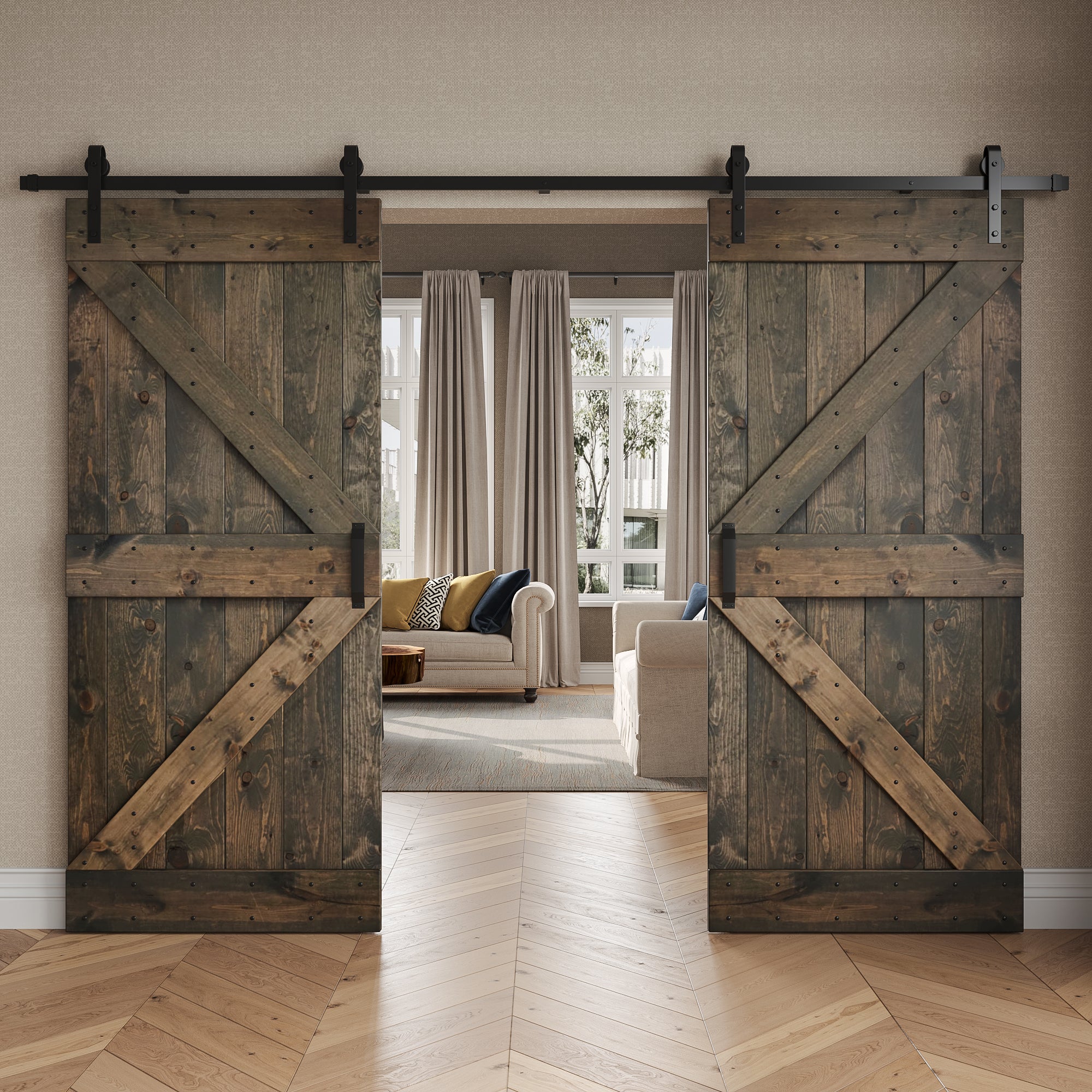 K Series  48 in/60 in/72 in/76 in/84 in x 84 in  DIY Finished Knotty Pine Wood Double Sliding Barn Door With Hardware Kit