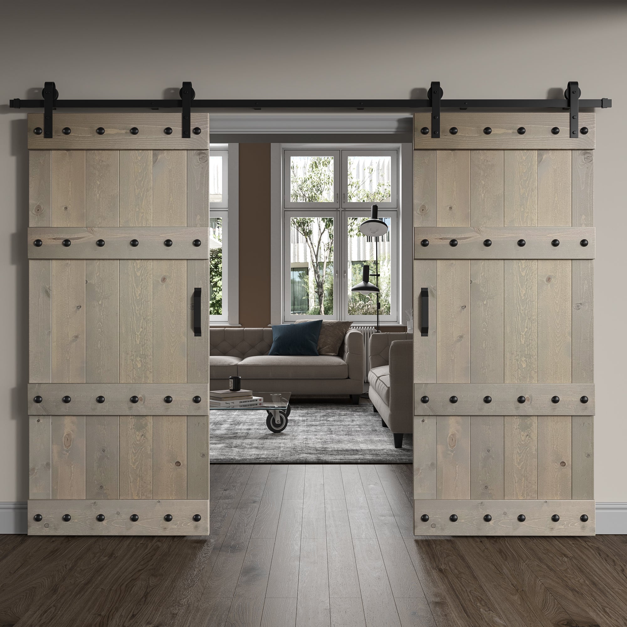 Castle Series  48in/60in/72in/84in x 84 in  DIY Finished Knotty Pine Wood Double Sliding Barn Door With Hardware Kit