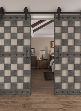 72in. x 84.in Chess Board Pattern Embossing Knotty Wood Double Sliding Barn Door With Hardware Kit