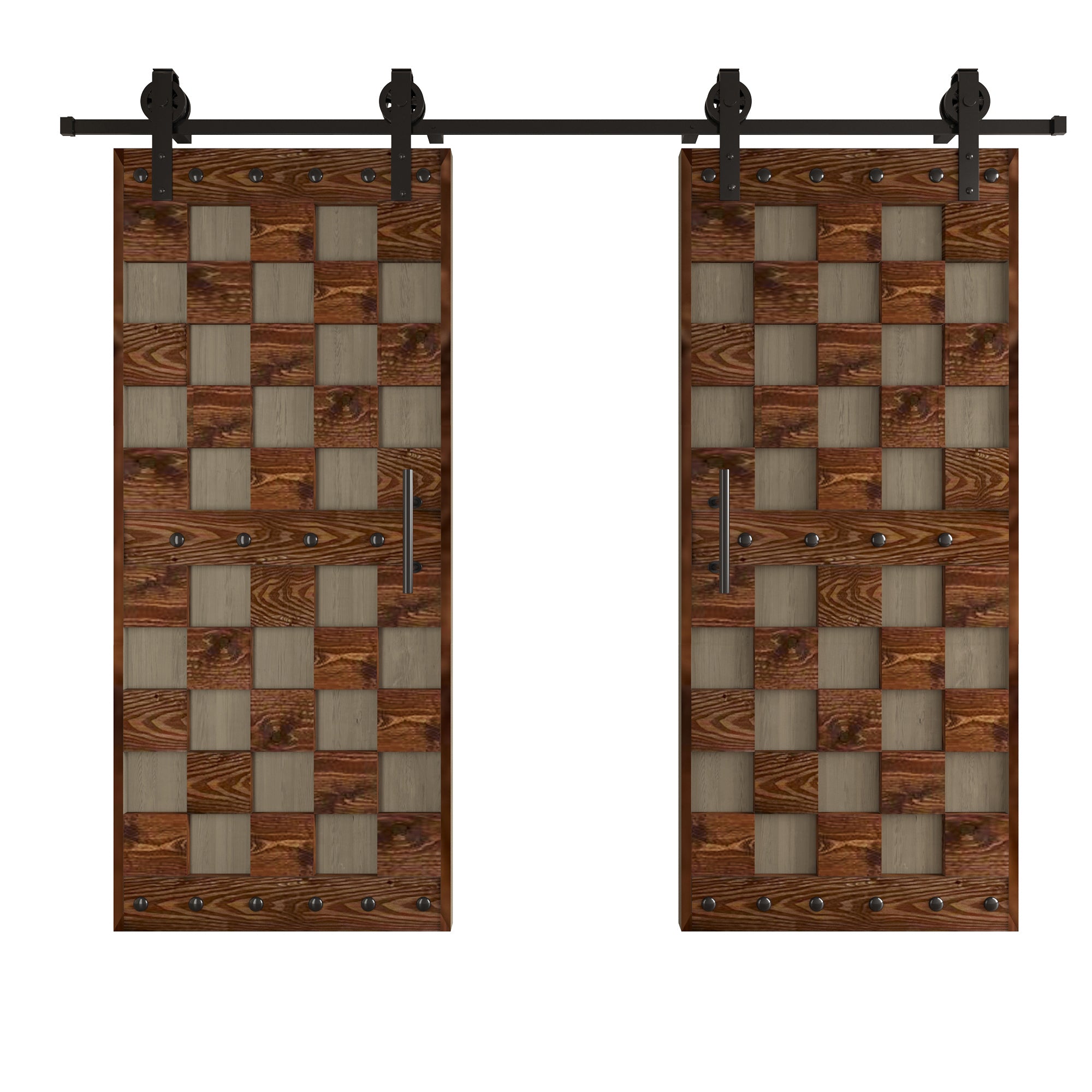 72in. x 84.in Chess Board Pattern Embossing Knotty Wood Double Sliding Barn Door With Hardware Kit