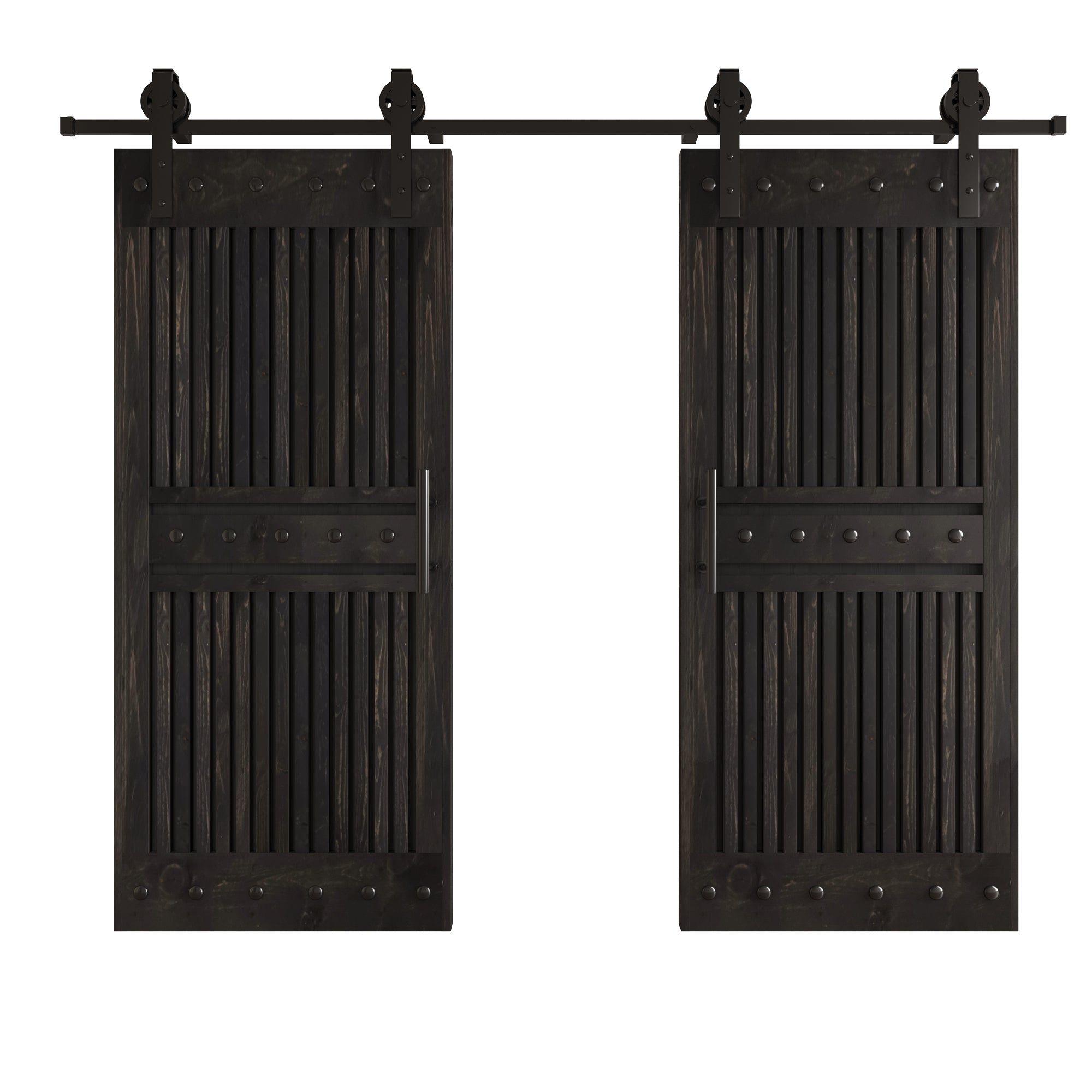 72in. x 84.in Full/Half Grille Design Embossing Knotty Wood Double Sliding Barn Door With Hardware Kit