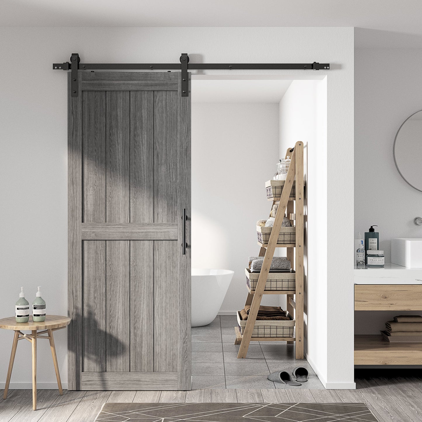 30in./32in./36in./42in./48in./60in./64in./72in./84in./96in.x 84in.MDF Barn Door With Sliding Hardware Kit ,Covered with Water-Proof PVC Surface, White/Gray, H-Frame