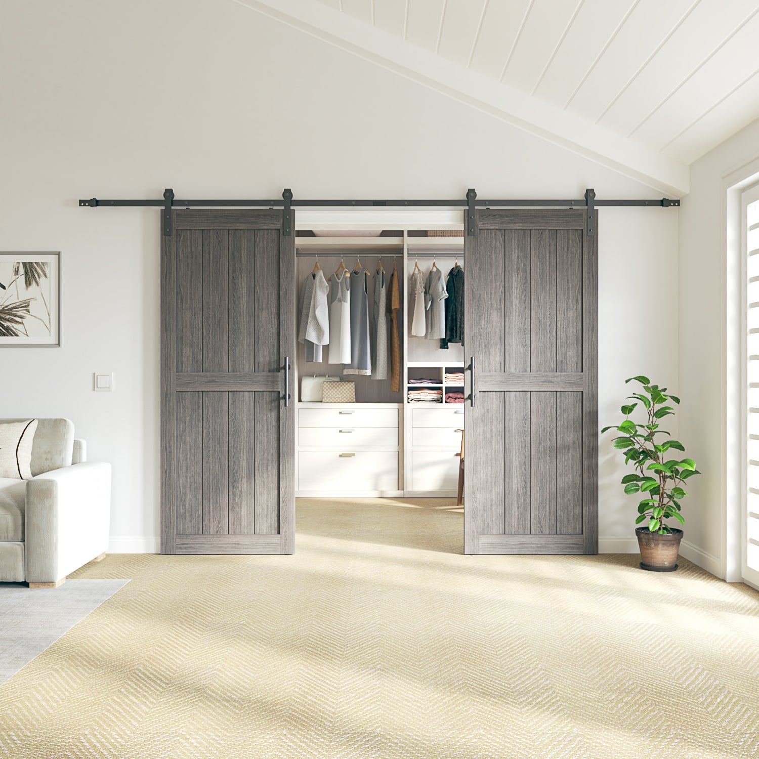 30in./32in./36in./42in./48in./60in./64in./72in./84in./96in.x 84in.MDF Barn Door With Sliding Hardware Kit ,Covered with Water-Proof PVC Surface, White/Gray, H-Frame