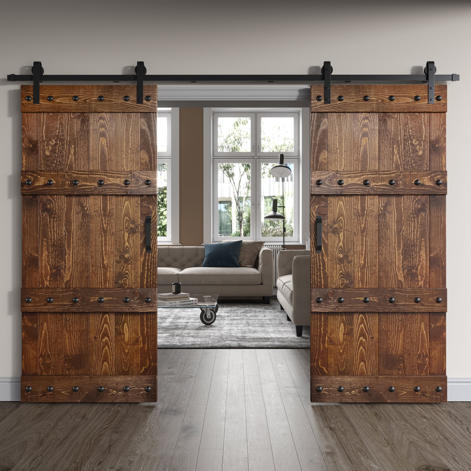 Castle Series  48in/60in/72in/84in x 84 in  DIY Finished Knotty Pine Wood Double Sliding Barn Door With Hardware Kit