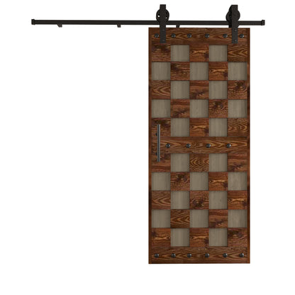 36in. x 84.in Chess Board Pattern Embossing Knotty Wood Sliding Barn Door With Hardware Kit