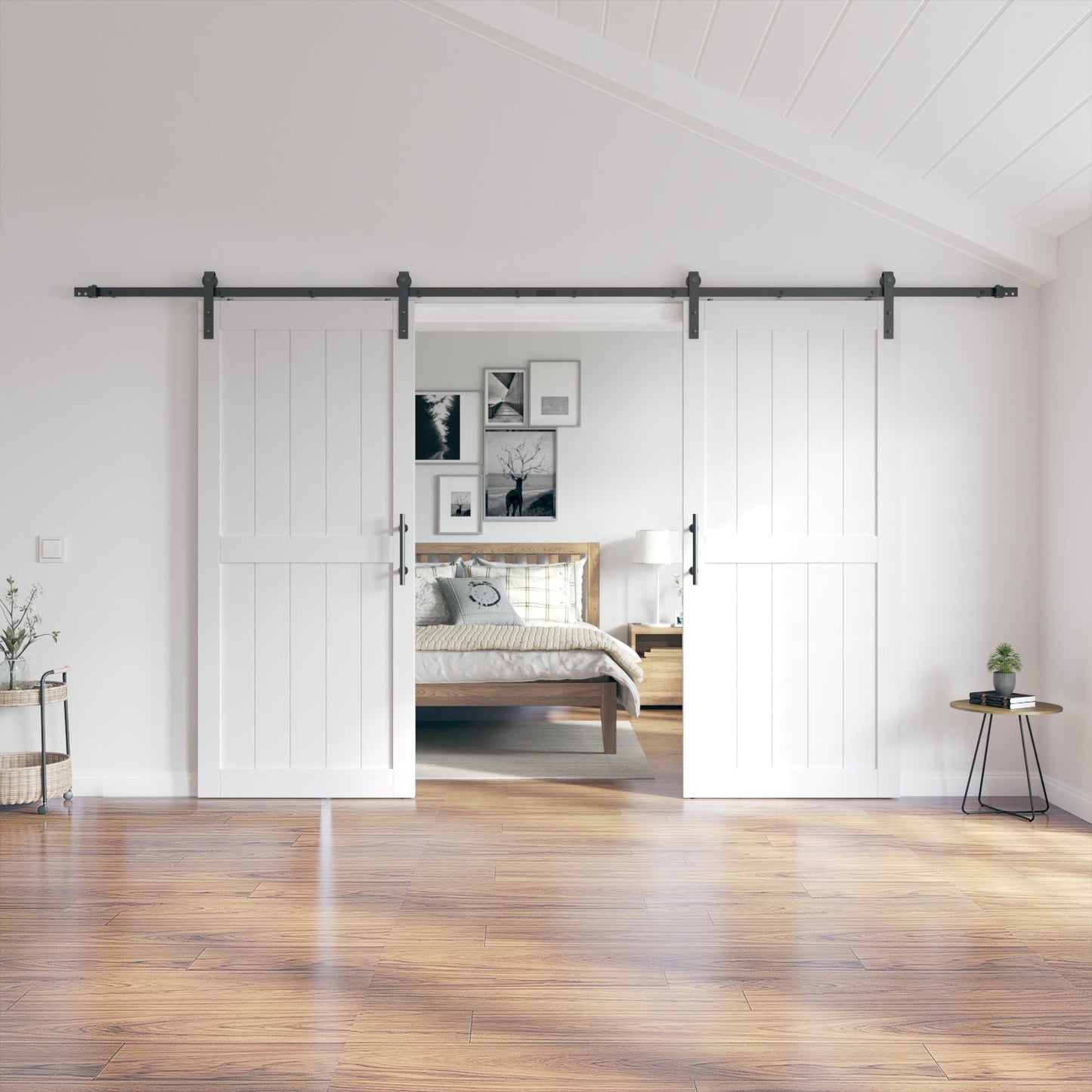 30in./32in./36in./42in./48in./60in./64in./72in./84in./96in.x 84in.MDF Barn Door With Sliding Hardware Kit ,Covered with Water-Proof PVC Surface, White/Gray, H-Frame