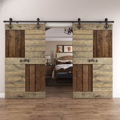 48in/60in/72in x 84in S Series Embossing DIY Knotty Pine Wood Double Sliding Barn Door With Hardware Kit