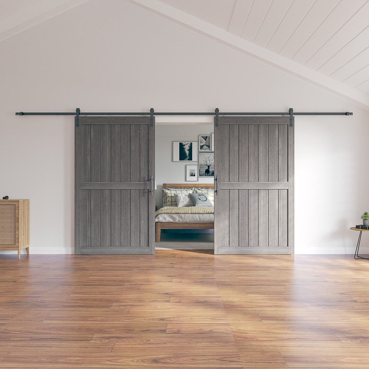 30in./32in./36in./42in./48in./60in./64in./72in./84in./96in.x 84in.MDF Barn Door With Sliding Hardware Kit ,Covered with Water-Proof PVC Surface, White/Gray, H-Frame