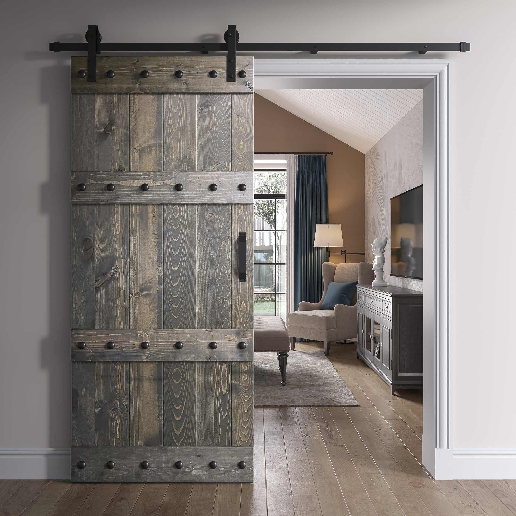 Castle Series  24in/30in/36in/42in x 84 in  Finished Knotty Pine Wood Sliding Barn Door Without Hardware Kit