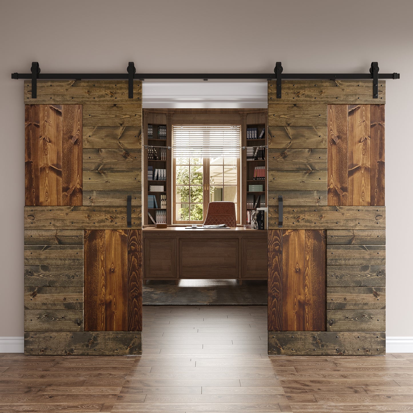 S Series  48in/60in/72in/84in x 84 in  DIY Finished Knotty Pine Wood Double Sliding Barn Door With Hardware Kit