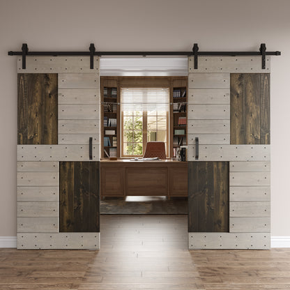 S Series  48in/60in/72in/84in x 84 in  DIY Finished Knotty Pine Wood Double Sliding Barn Door With Hardware Kit