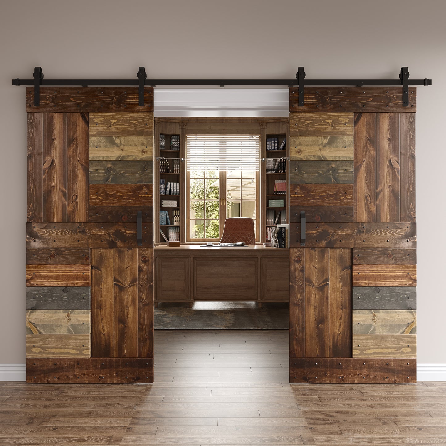 S Series  48in/60in/72in/84in x 84 in  DIY Finished Knotty Pine Wood Double Sliding Barn Door With Hardware Kit