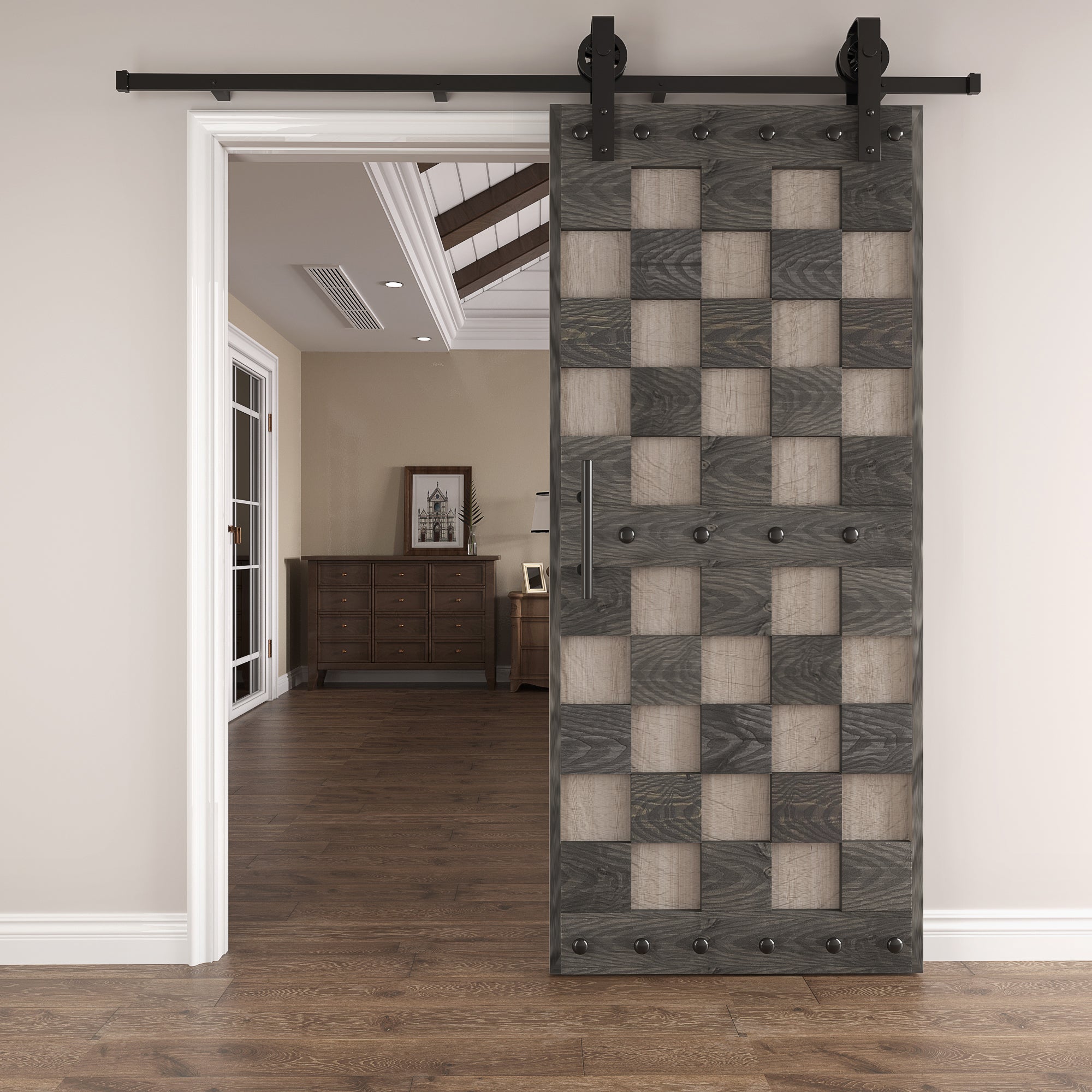 36in. x 84.in Chess Board Pattern Embossing Knotty Wood Sliding Barn Door Without Hardware Kit